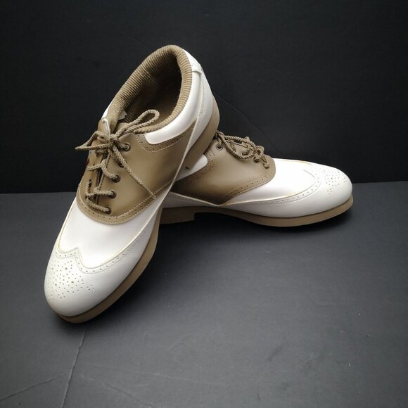 Foot-Joy Green-Joy Ladies White & Taupe Faux Leather Golf Shoes - Picture 1 of 7